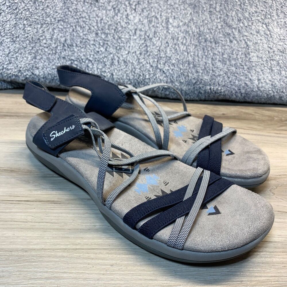 Skechers Womens Reggae Slim Takes Two Navy/Gray Slip on Stretch Sandals Size 9